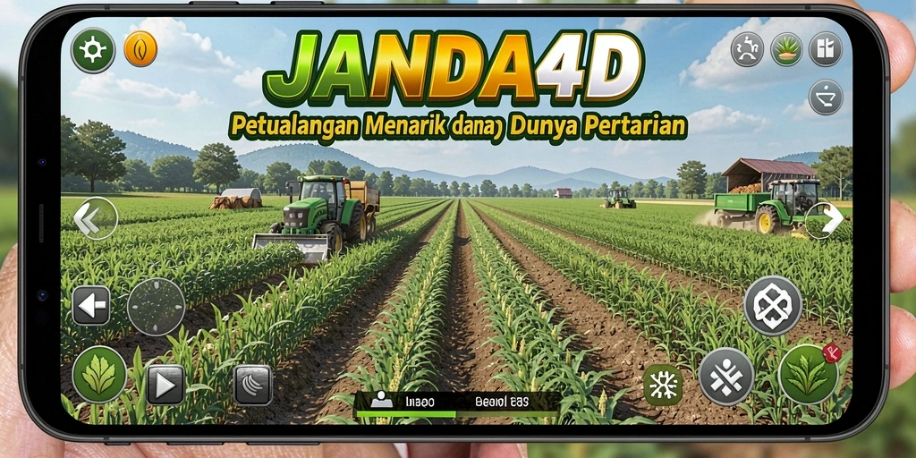Screenshot utama JANDA4D menampilkan aktivitas seru di ladang pertanian.