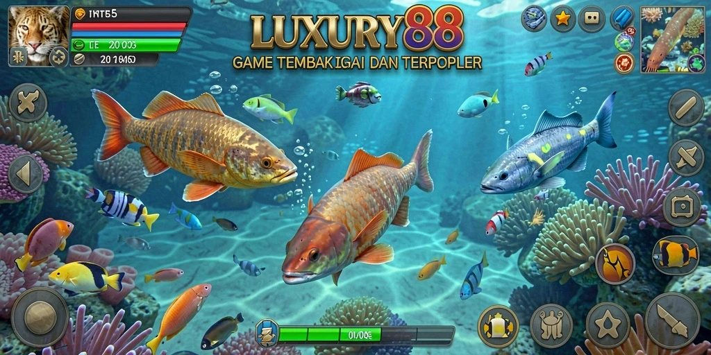Gameplay seru LUXURY88 dengan berbagai ikan untuk ditembak.