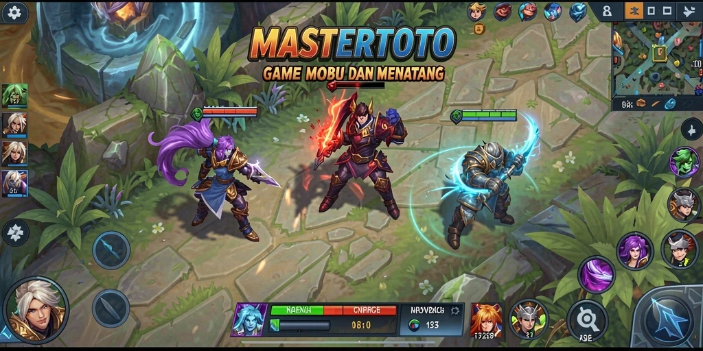 Tangkapan layar MASTERTOTO menampilkan pertempuran intens dalam permainan MOBA.