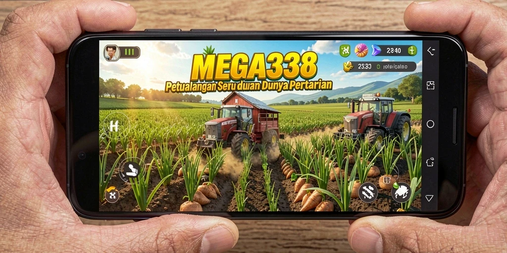 Screenshot MEGA338 menampilkan petani yang sedang merawat tanaman di ladang.